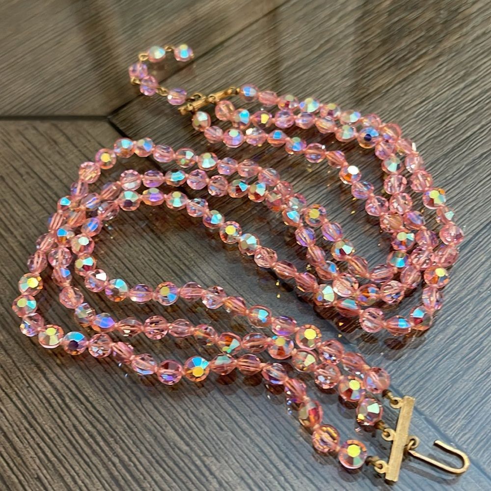 Vintage Three Strand Pink AB Crystal Necklace - Choker - Picture 11 of 16